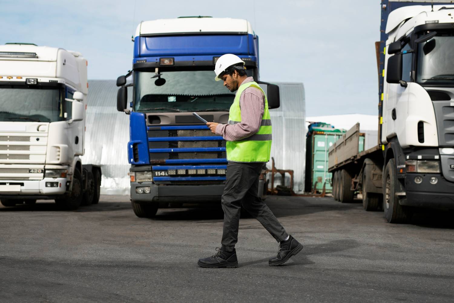 man walking by trucks fleet man walking by trucks fleet